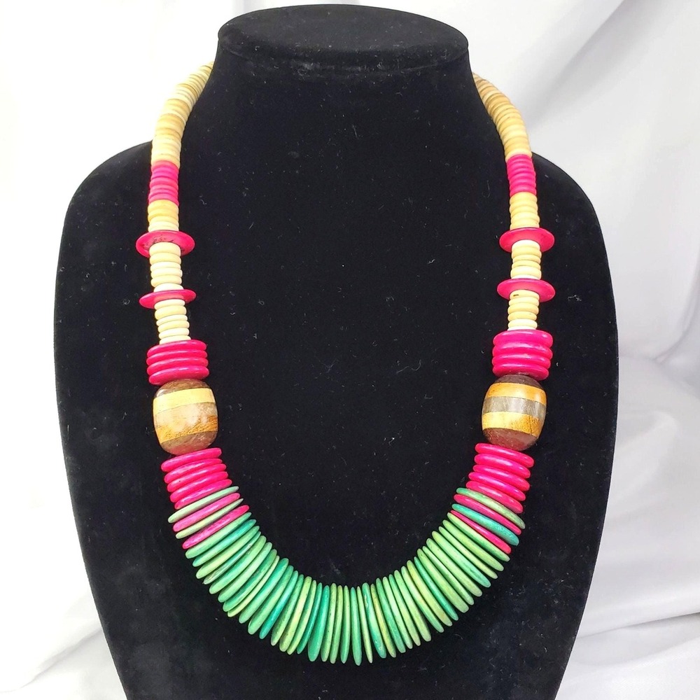 VTG Chunky Wooden Necklace Multicolor Disk Beads Boho Hippie jewelry Green‎ Pink
